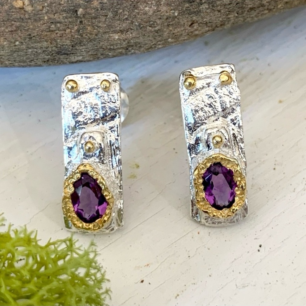 Natural Amethyst Gemstone  Artisan Sterling Silver & 14 kt Earrings